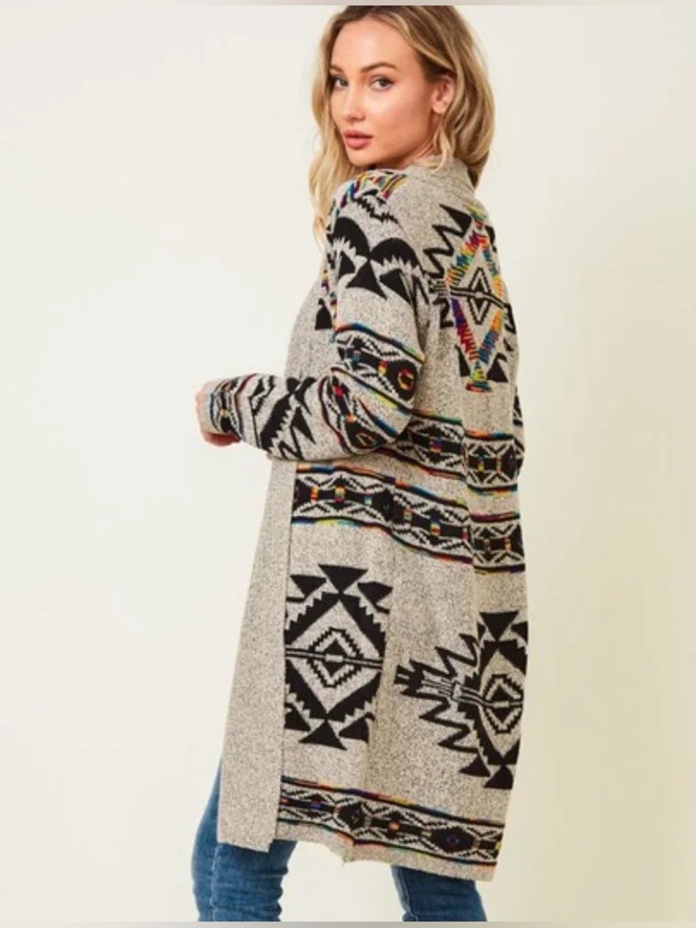 On Blue Boho Southwestern Knit Long Open-Front Cardigan Duster  Sz S